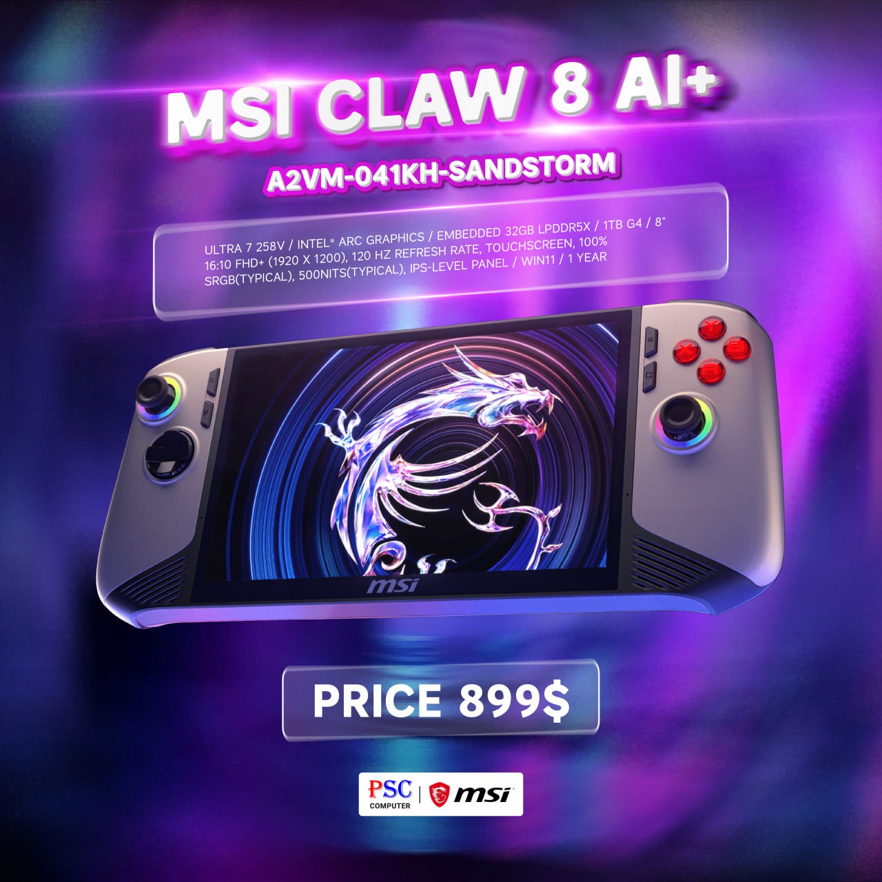 MSI Claw 8 AI+ A2VM-041KH Sandstorm